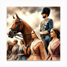 High Decorated Britsh Soldier On A Horse By Some Servants Color Drawing 1 Canvas Print