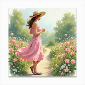 French Woman In A Romantic Garden, Watercolor With Gentle, Blooming Colors 1 Canvas Print