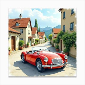 Classic Roadster In Front Of A Charming Village, Watercolor Painting 1 Canvas Print