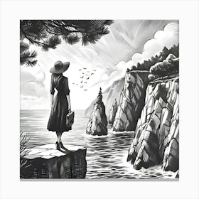 A Sketch Of A Woman Standing On A Cliff Looking At The Sea In A Fancy Art Style Canvas Print