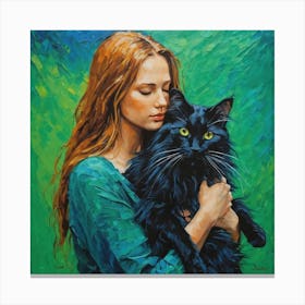 Girl With A Black Cat Canvas Print