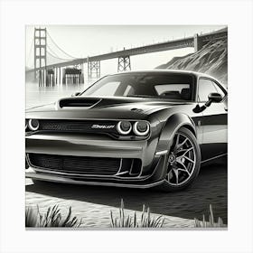 A Pencil Drawing Of A Dodge Hellcat At A Beach Front Canvas Print