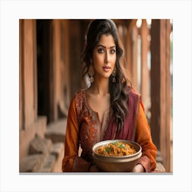 Indian Woman Holding A Bowl Of Food Canvas Print