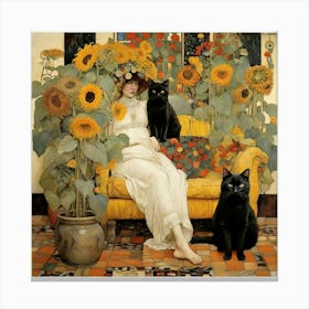 Two Black Cats And Sunflowers Canvas Print
