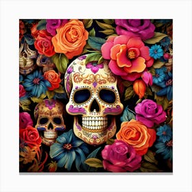 Day Of The Dead Skulls And Flowers Canvas Print