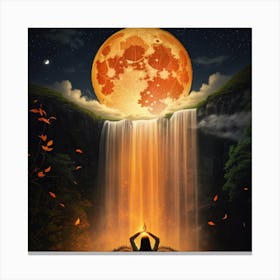 Full harvest moon with orange light waterfall and autumn leaves Canvas Print