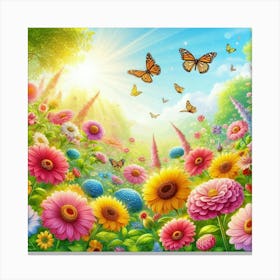 Colorful Flowers And Butterflies Canvas Print