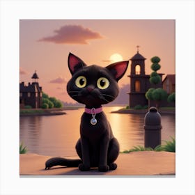 Black Cat With Yellow Eyes in sunset Canvas Print