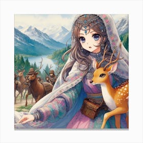 Gorgeous mountain girl with deer and escape Canvas Print