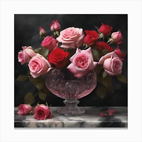 Glass Bowl of Pink and Red Rose Flowers 1 Canvas Print