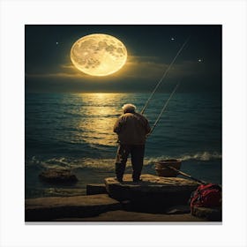 Old Man Fishing At Night Canvas Print