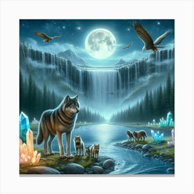 Wolf and Cubs on the Mushroom Crystal Riverbank Canvas Print