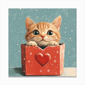 Cute Cat Peeking from Heart Gift Box Canvas Print