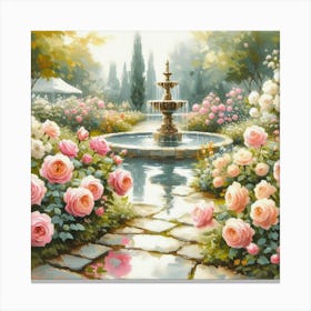 Roses In The Garden With The Fountain, Acrylic Style Painting 5 Canvas Print