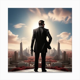 The Image Depicts A Man In A Black Suit And Helmet Standing In Front Of A Large, Modern Cityscape 4 Canvas Print