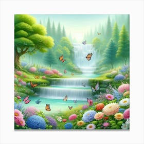 Waterfall With Butterflies Canvas Print