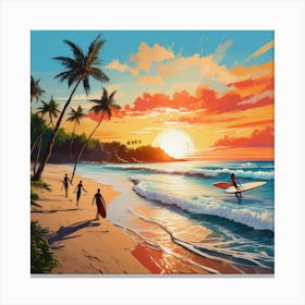 Surfers On The Beach Canvas Print