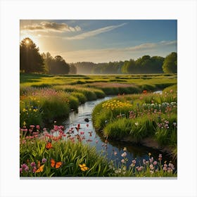 A Vibrant Spring Meadow With Blooming Flowers, Butterflies, And A Clear Stream 2) Canvas Print