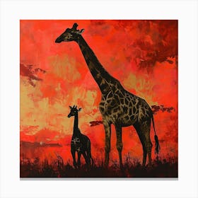 Giraffe & Calf In The Sunset Red Brushstrokes 1 Canvas Print
