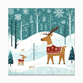 Illustration In A Scandinavian Style Depicting A Serene Winter Forest With A Baby Moose At Its Hear Canvas Print