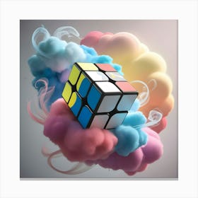 A Vibrant, 3d Illustration Of A Rubik S Cube Suspended In A Dreamlike, Abstract Art Environment, With Swirling Clouds Of Pastel Pink, Blue, And Yellow Hues Surrounding The Cube, Blending Into A Subtle Gradient Of Bold, Neon Like Colors (2) Canvas Print