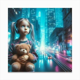 Little Girl With Headphones And Teddy Bear Canvas Print