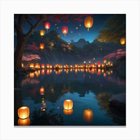 Lanterns In The Water Paintings Art Print Canvas Print