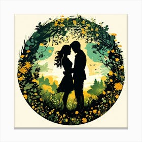 Couple Kissing In The Garden, Silhouettes Of Two People Hugging Surrounded By Elements Of Nature Flowers Trees Growing , Silhouette Of Couple In The Forest Canvas Print