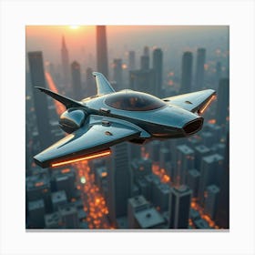 Sci Fi Flying Car With Glowing Wings, Cruising Above A Futuristic Metropolis 1 Canvas Print