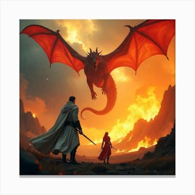 Epic Confrontation: Knight and Child Versus the Fiery Dragon Canvas Print