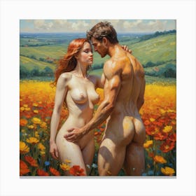 Naked Couple on Meadow Canvas Print