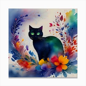 Black Cat With Flowers Canvas Print