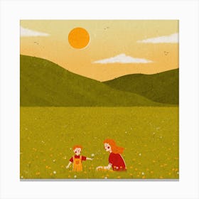 Mother And Child Field Square Canvas Print