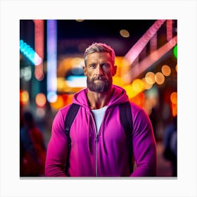 Young Man In Pink Hoodie Standing In The City Canvas Print