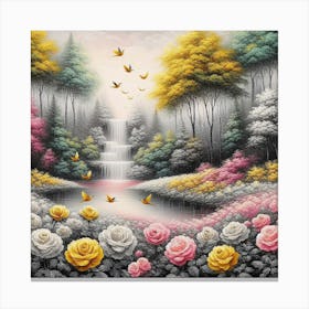 Roses And Waterfall Canvas Print
