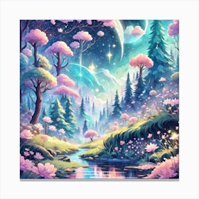 A Fantasy Forest With Twinkling Stars In Pastel Tone Square Composition 322 Canvas Print
