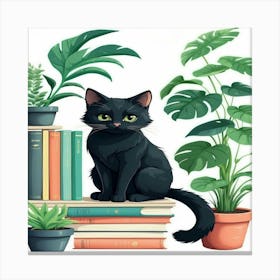 Black Cat On Books Canvas Print