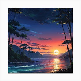Serene Sunset Over the Ocean Surrounded by Lush Trees and Distant Mountains Canvas Print
