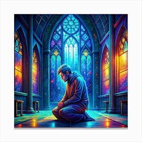 Man Kneeling In A Mosque With Stained Glass Windows Canvas Print