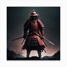 Lonely Japanese Red Samurai Warrior Stand In Dark Art 3 Canvas Print