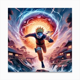 An Eye Catching Anime Style Digital Painting Featuring Naruto Unleashing Rasengan Set Against The Background Of Hidden Leaf Village And Visual Effects Like Explosions 3 Canvas Print