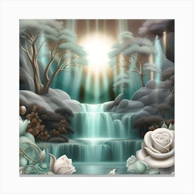 Waterfall And Roses In The Forest Canvas Print