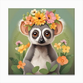 Floral Baby Lemur Nursery Illustration (20) Canvas Print