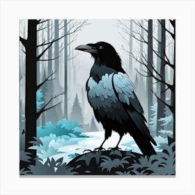 Raven In The Forest, crow, crow in forest, crow in dark forest, bird in dark forest, black and grey Canvas Print