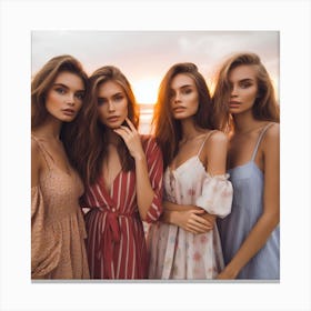 Four Beautiful Girls On The Beach Canvas Print