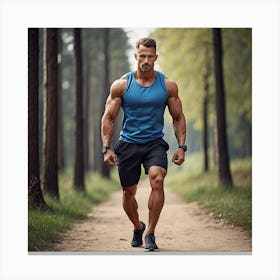 Muscular Man Running In The Forest Canvas Print