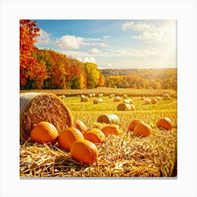 Autumn Harvest Scene Featuring Oversized Pumpkins Nestled Among Stalks Of Sunlit Corn Bales Of Hay (2) Canvas Print