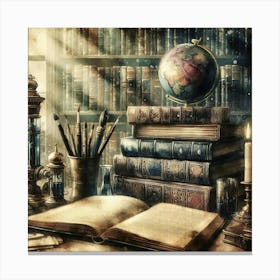 Library With Books And Globe Canvas Print