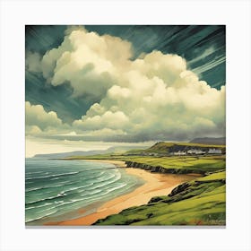 Stormy And Rainy Ireland Retro Landscape Beach And Co 1 Canvas Print