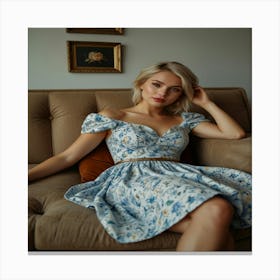 A Beautiful Blonde Girl Model On A Sofa 3 Canvas Print